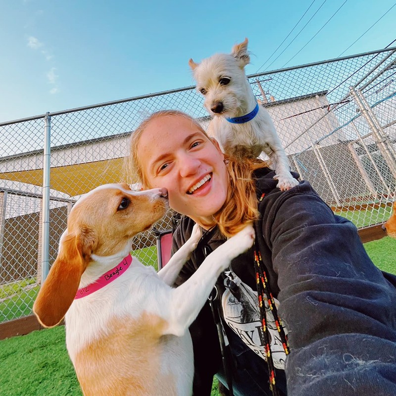 Employee playing outside with two dogs